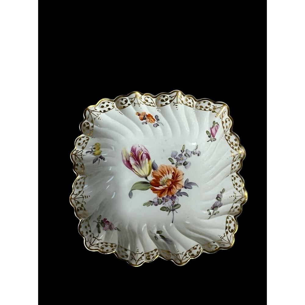 Nymphenburg Hand Painted Floral Trinket Dish Scalloped Edges With Gold Gilding